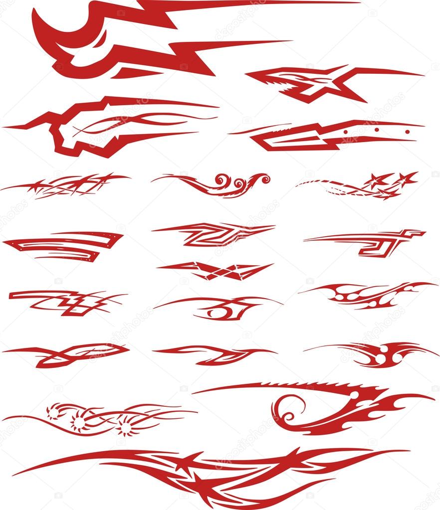 Set of red color tribal tattoo vignettes