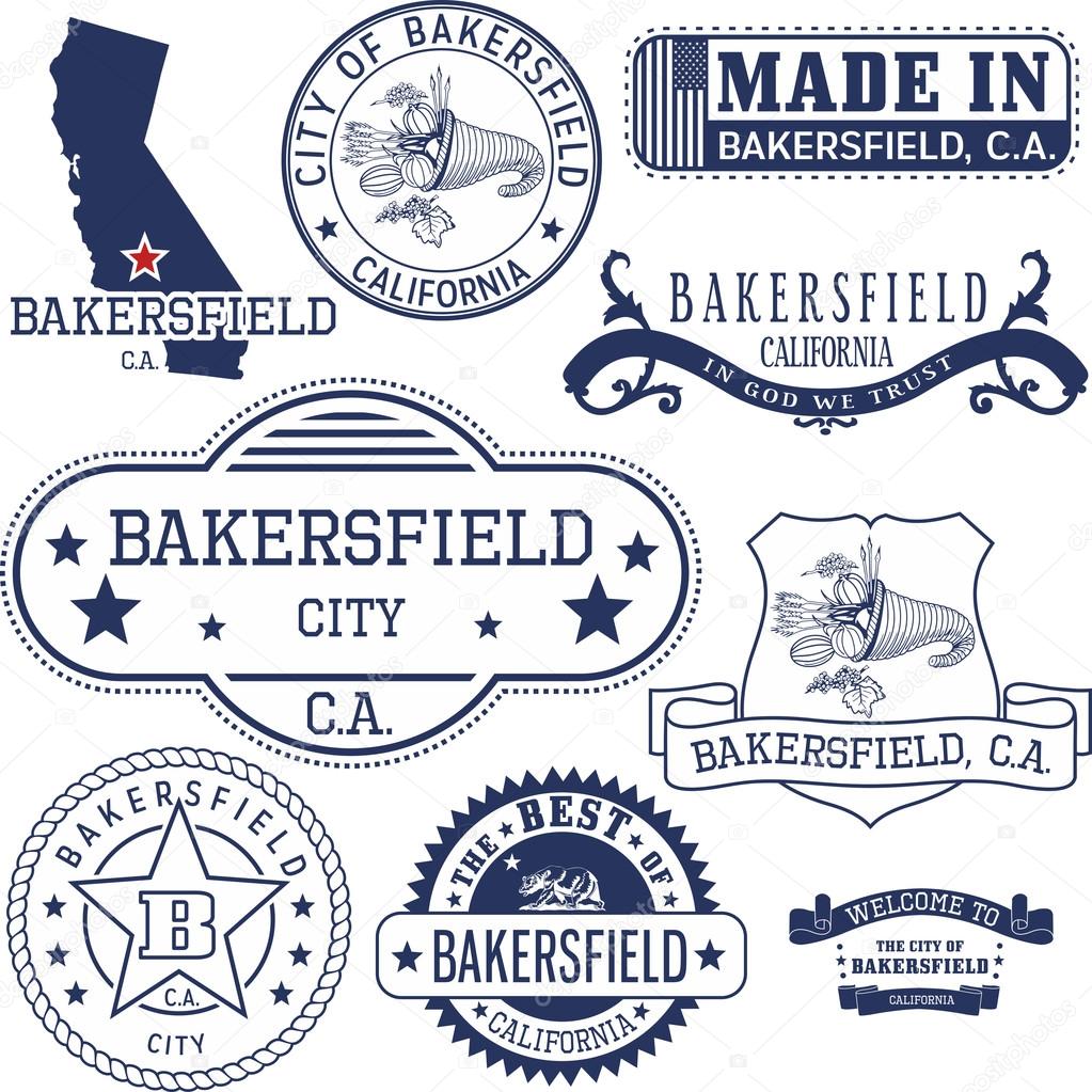 Set of generic stamps and signs of Bakersfield city, California