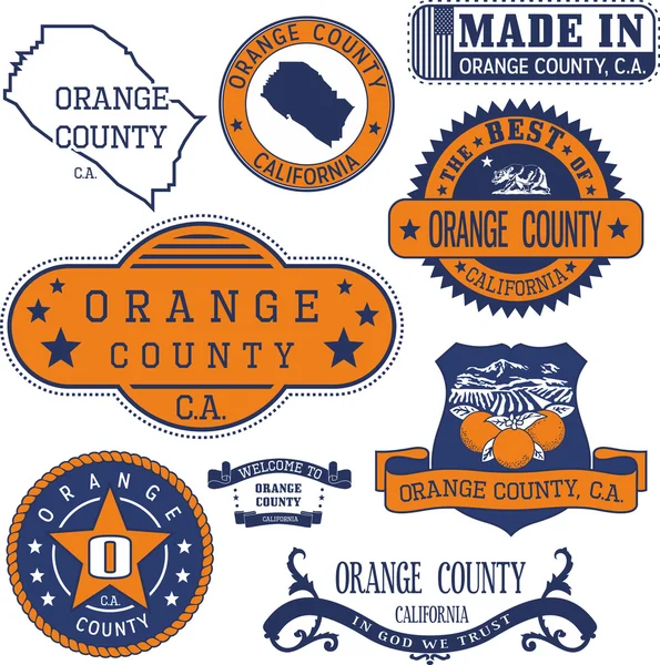 Condado de Orange, CA. Conjunto de sellos y signos — Vector de stock