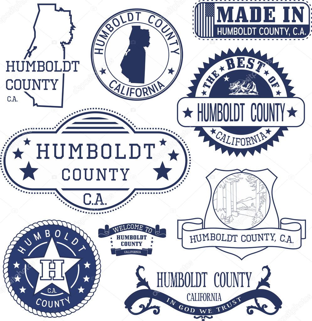 Humboldt county, California. Set of generic stamps and signs including Humboldt county map and seal elements.