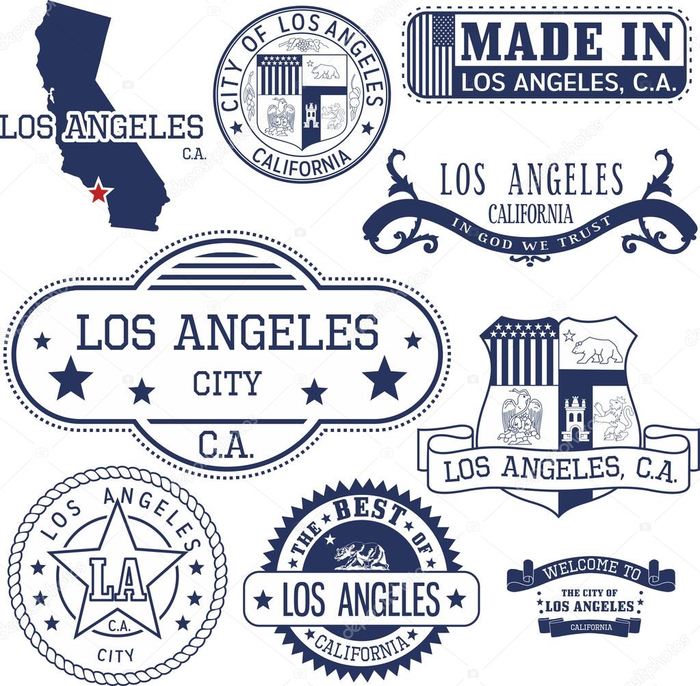 Set of generic stamps and signs of Los Angeles city, California