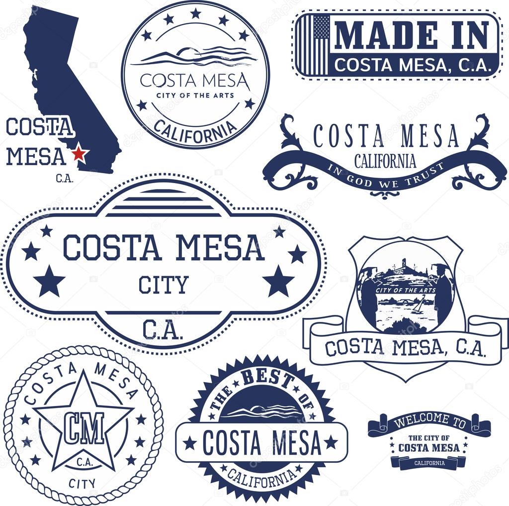 Set of generic stamps and signs of Costa Mesa city, California