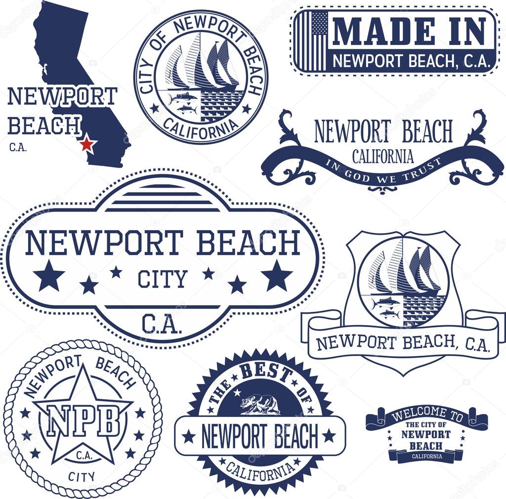 Newport Beach city, California. Set of generic stamps and signs.