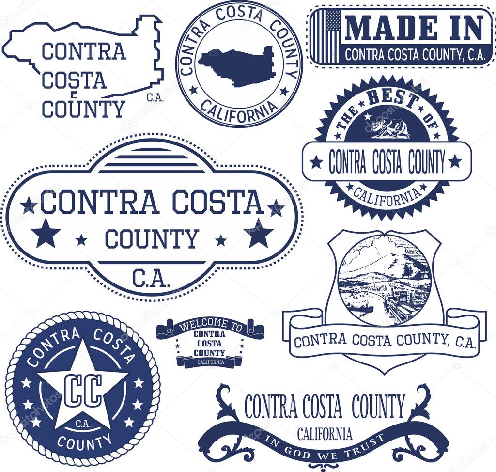 Contra Costa county, California. Set of generic stamps and signs including Contra Costa county map and seal elements.