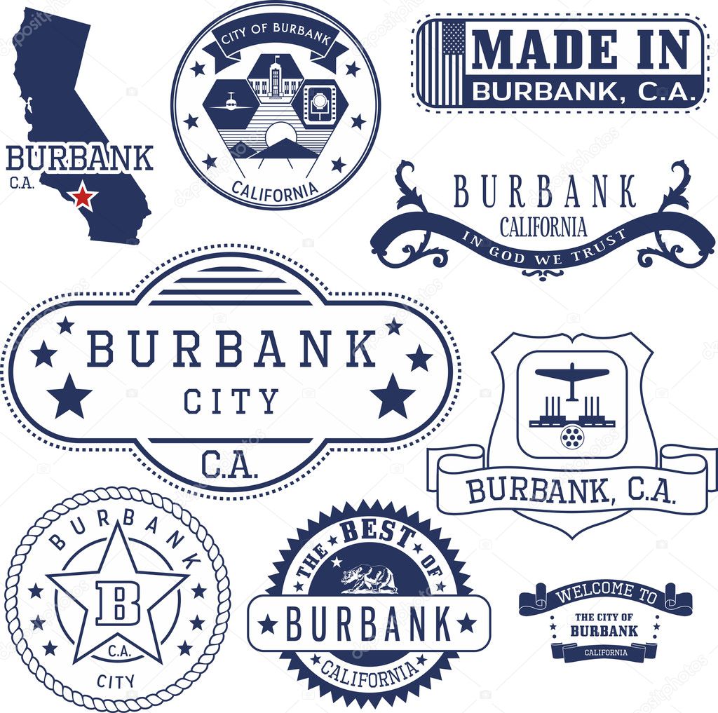 Set of generic stamps and signs of Burbank city, California