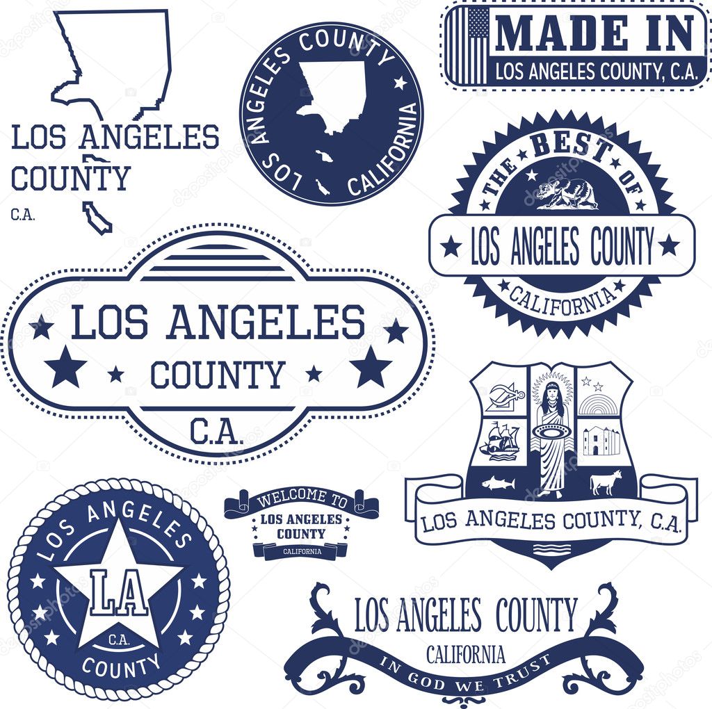 Los Angeles county, California. Set of generic stamps and signs including Los Angeles county map and seal elements.