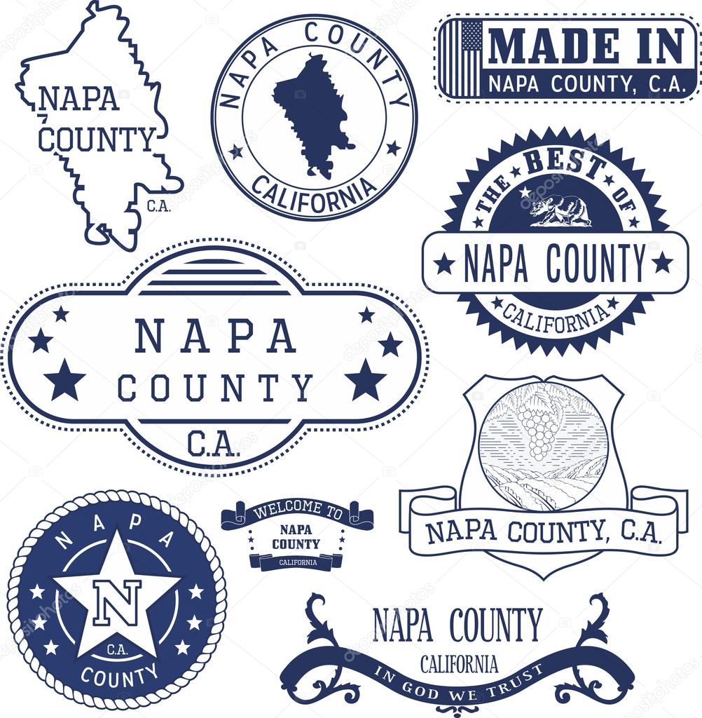 Napa county, California. Set of generic stamps and signs including Napa county map and seal elements.