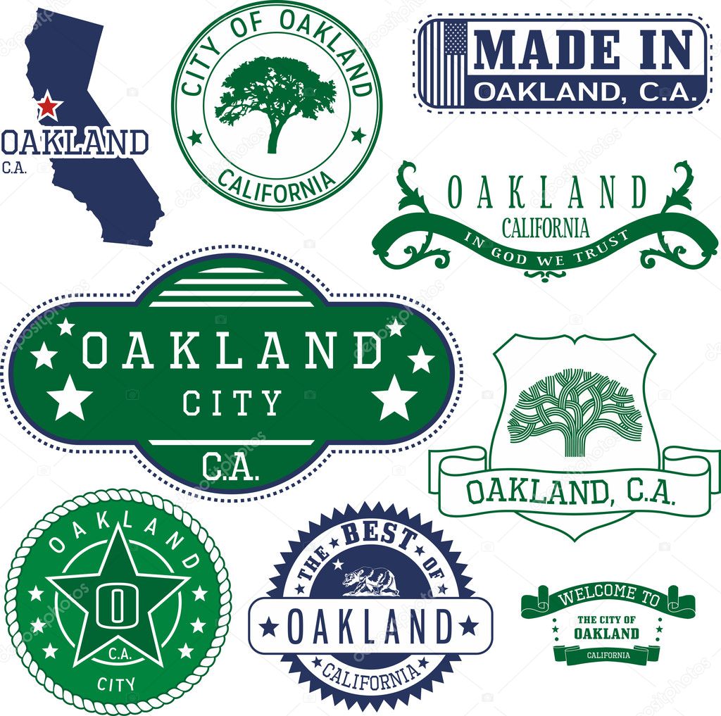 Set of generic stamps and signs of Oakland city, California