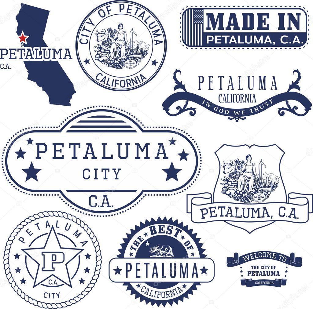 Petaluma city, CA. Stamps and signs