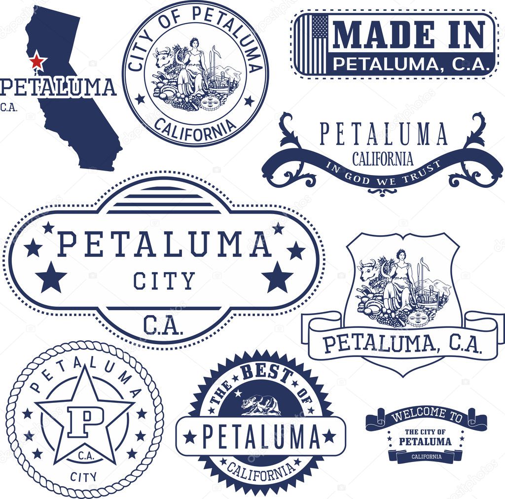 Petaluma city, California. Set of generic stamps and signs.