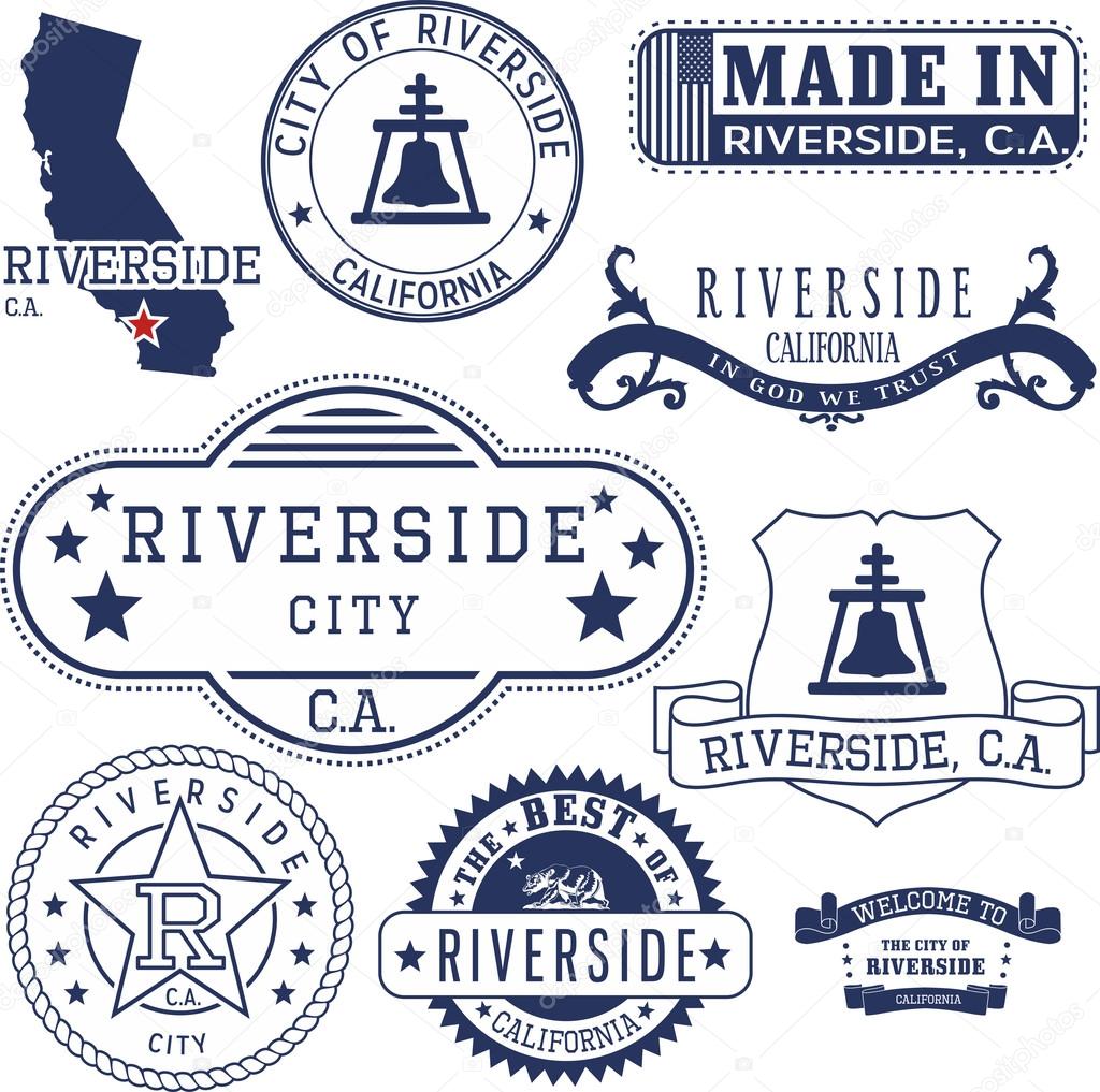 Riverside city, California. Set of generic stamps and signs.