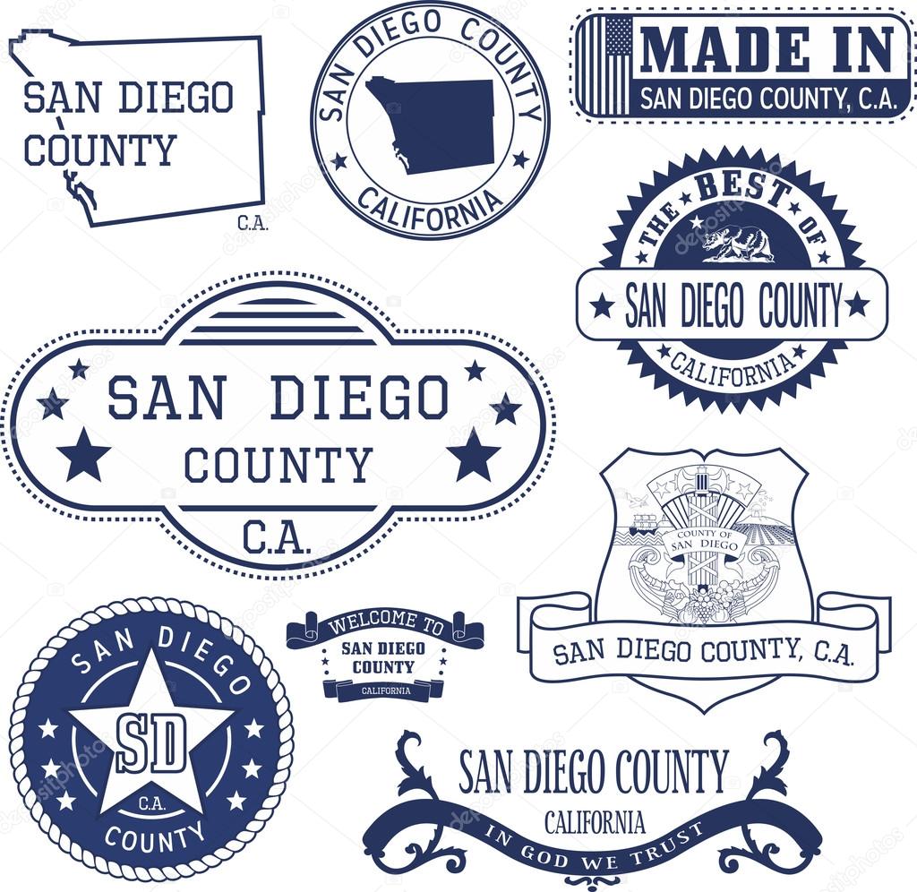 San Diego county, California. Set of generic stamps and signs including San Diego county map and seal elements.