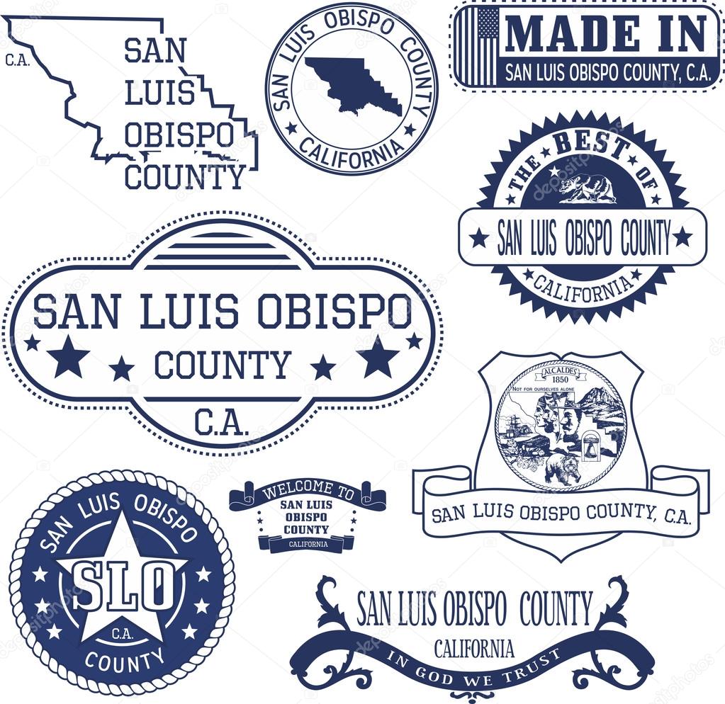 San Luis Obispo county, California. Set of generic stamps and signs including San Luis Obispo county map and seal elements.