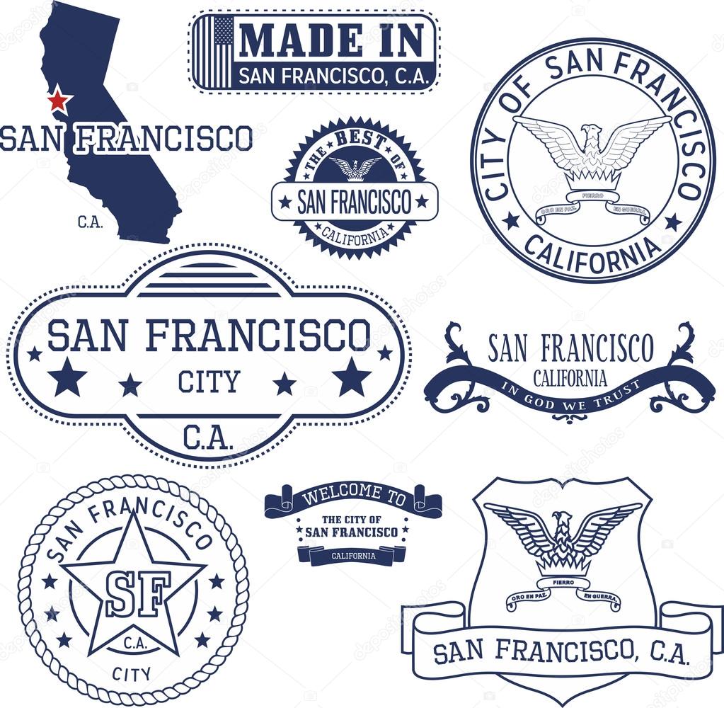 San Francisco city, California. Set of generic stamps and signs.