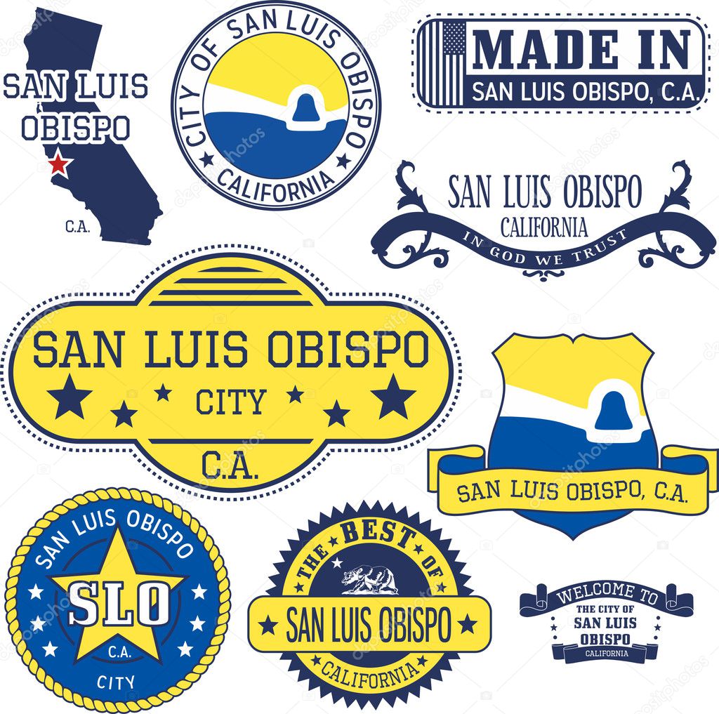 San Luis Obispo city, California. Set of generic stamps and signs.