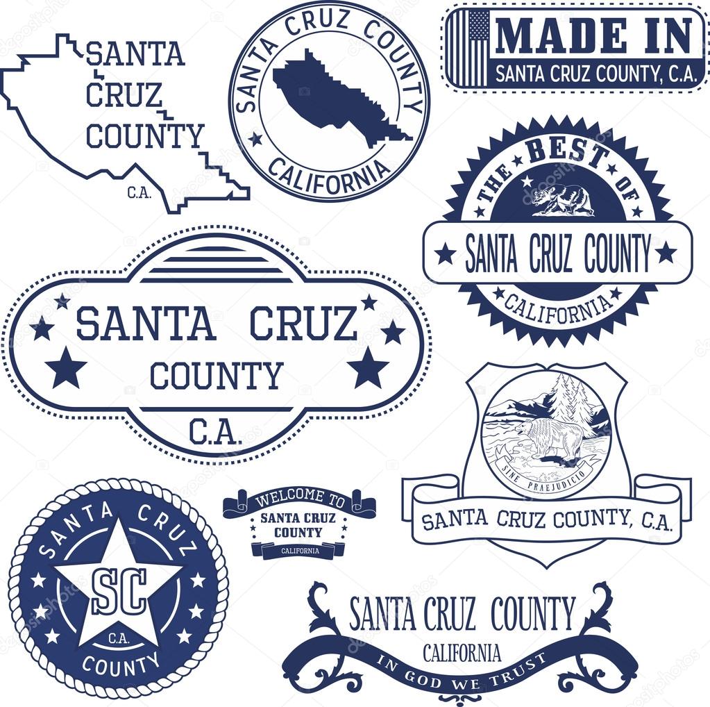 Santa Cruz county, California. Set of generic stamps and signs including Santa Cruz county map and county seal elements.