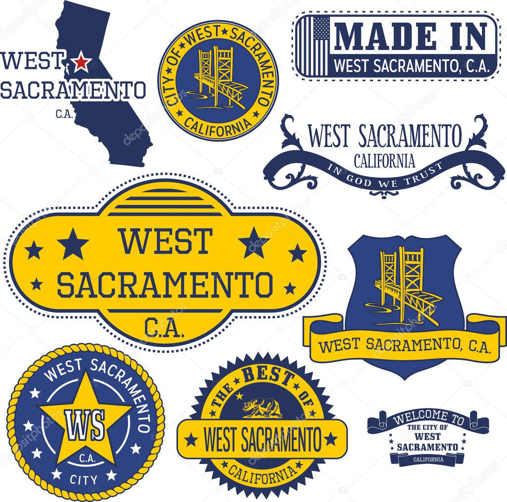 Set of generic stamps and signs of West Sacramento city, California