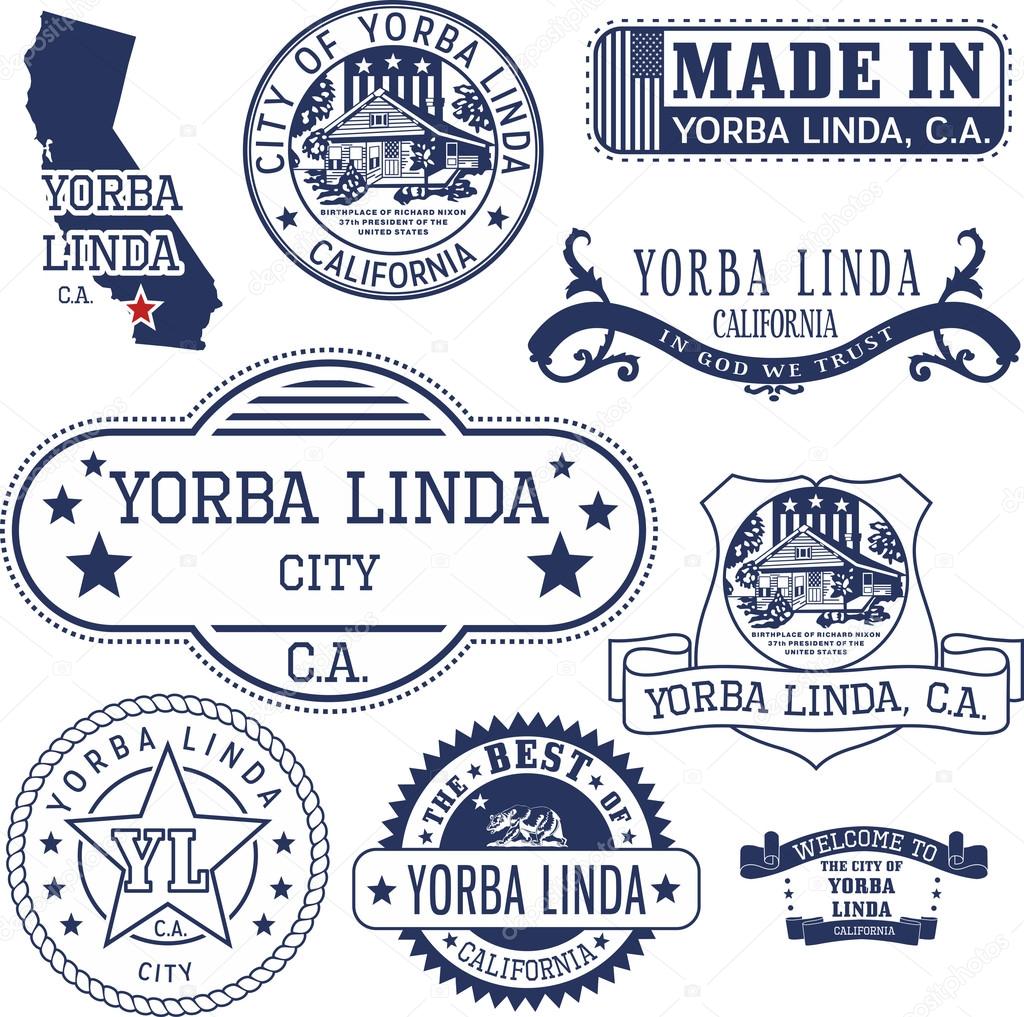 Yorba Linda city, California. Set of generic stamps and signs.