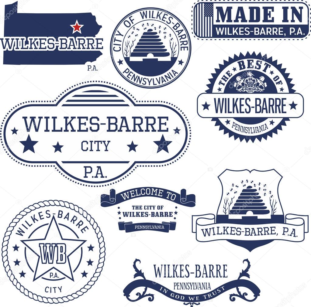 Set of generic stamps and signs of Wilkes-Barre city, Pennsylvania