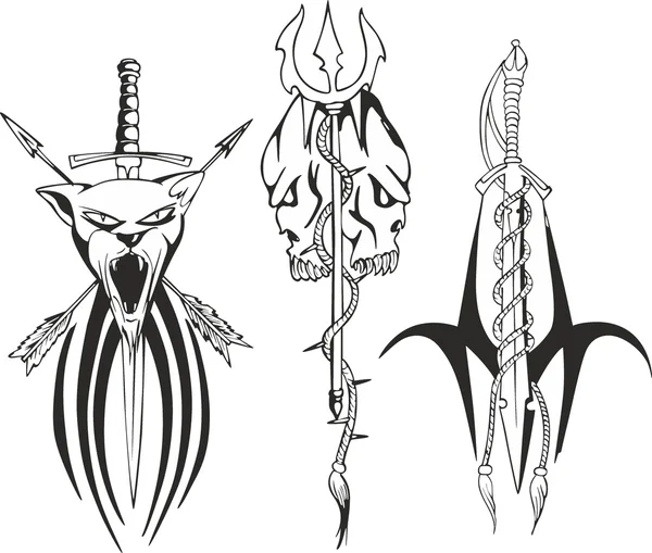 Tatuaggi fantasy con pugnale, spada e tridente — Vettoriale Stock