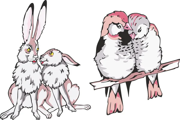 Cartoon lièvre et oiseaux couples amoureux — Image vectorielle