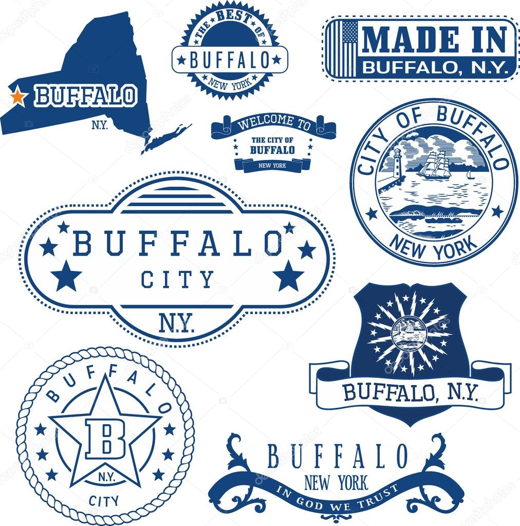 Buffalo city, New York. Set of generic stamps and signs including Buffalo city seal elements.