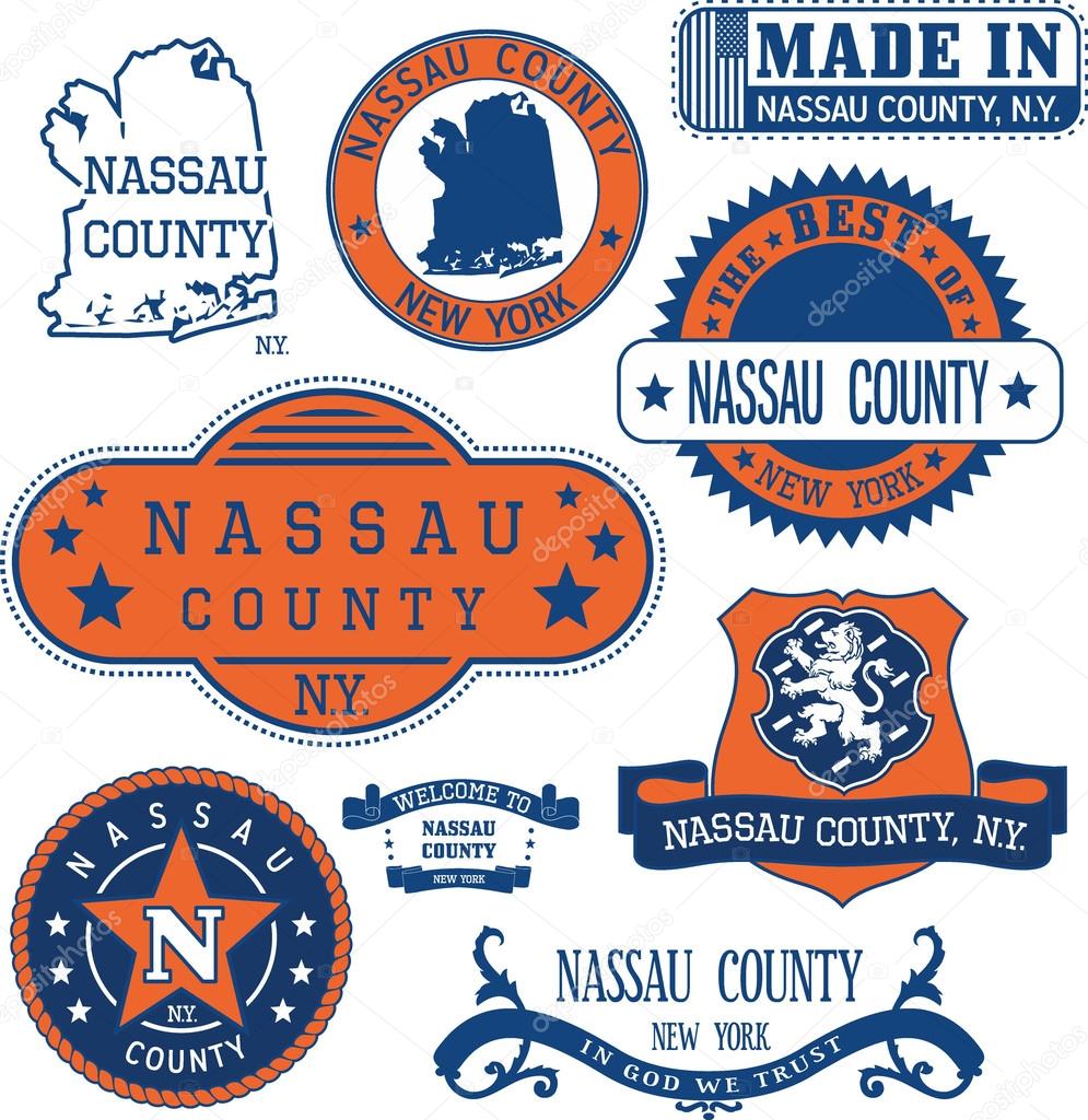 Nassau county, New York. Set of generic stamps and signs including Nassau county map and seal elements.