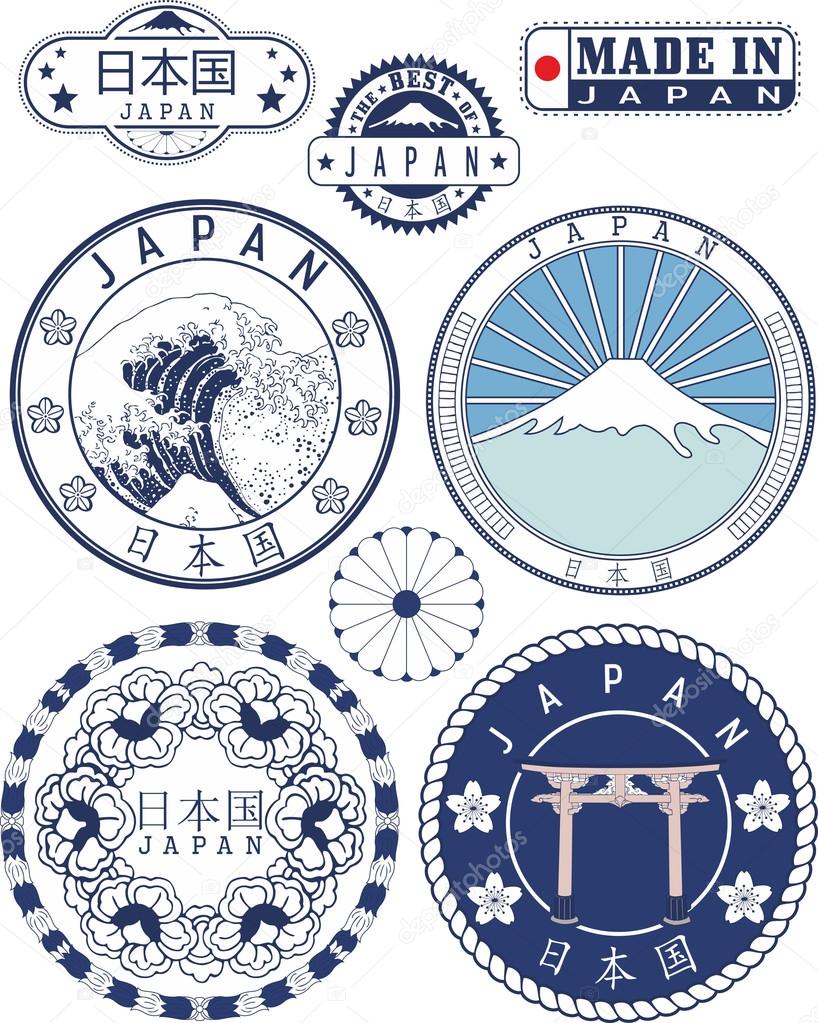 Japan. Set of generic stamps and signs including national emblem elements, Mount Fuji, Torii and Japanese hieroglyph Japan name.