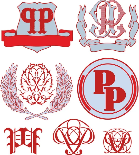 Ensemble de monogrammes PP et modèles d'emblème — Image vectorielle