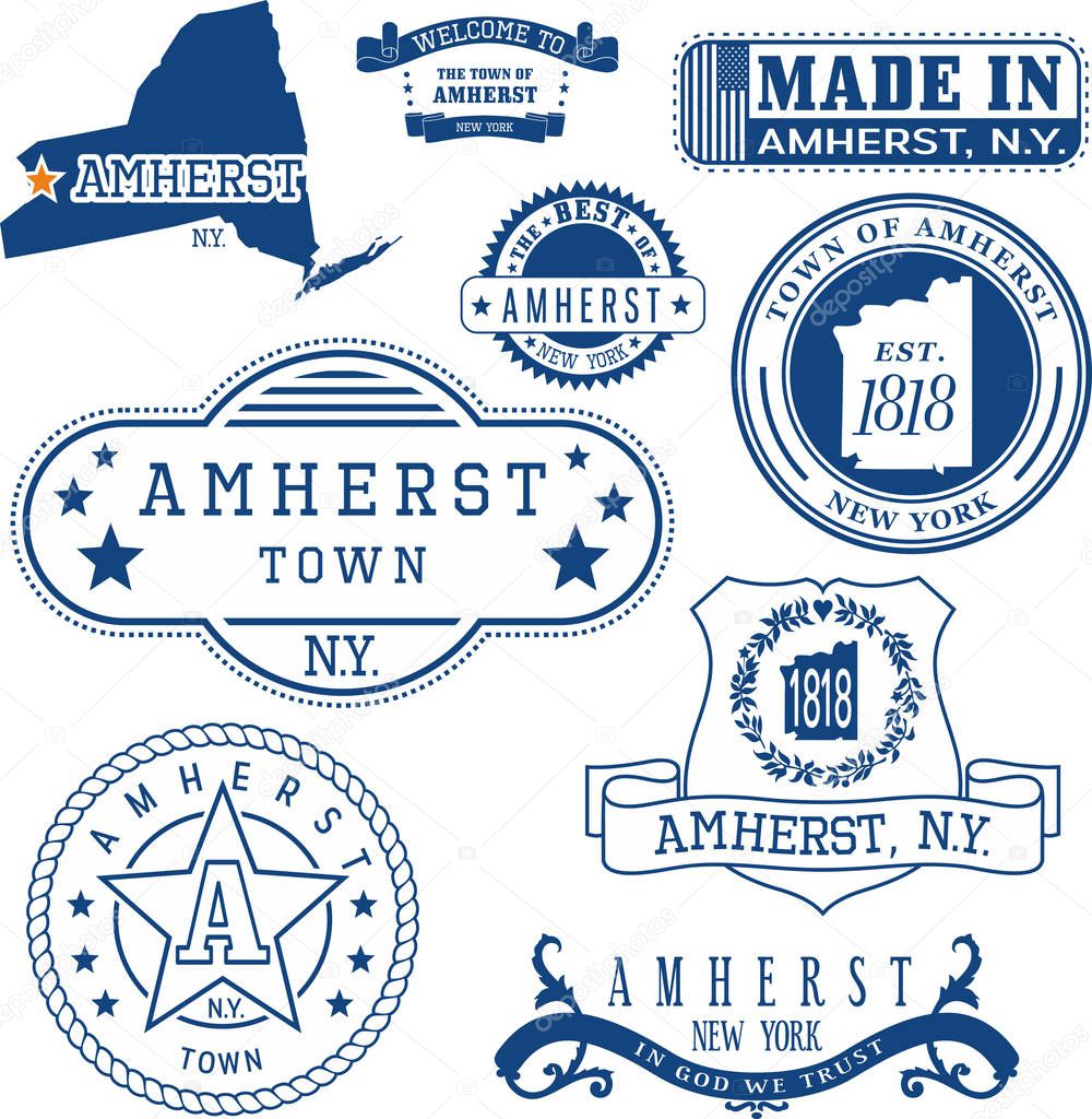Set of generic stamps and signs of Amherst town, New York state