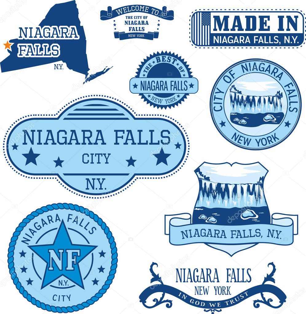 Set of generic stamps and signs of Niagara Falls city, New York state
