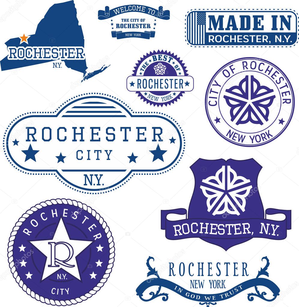 Set of generic stamps and signs of Rochester, NY