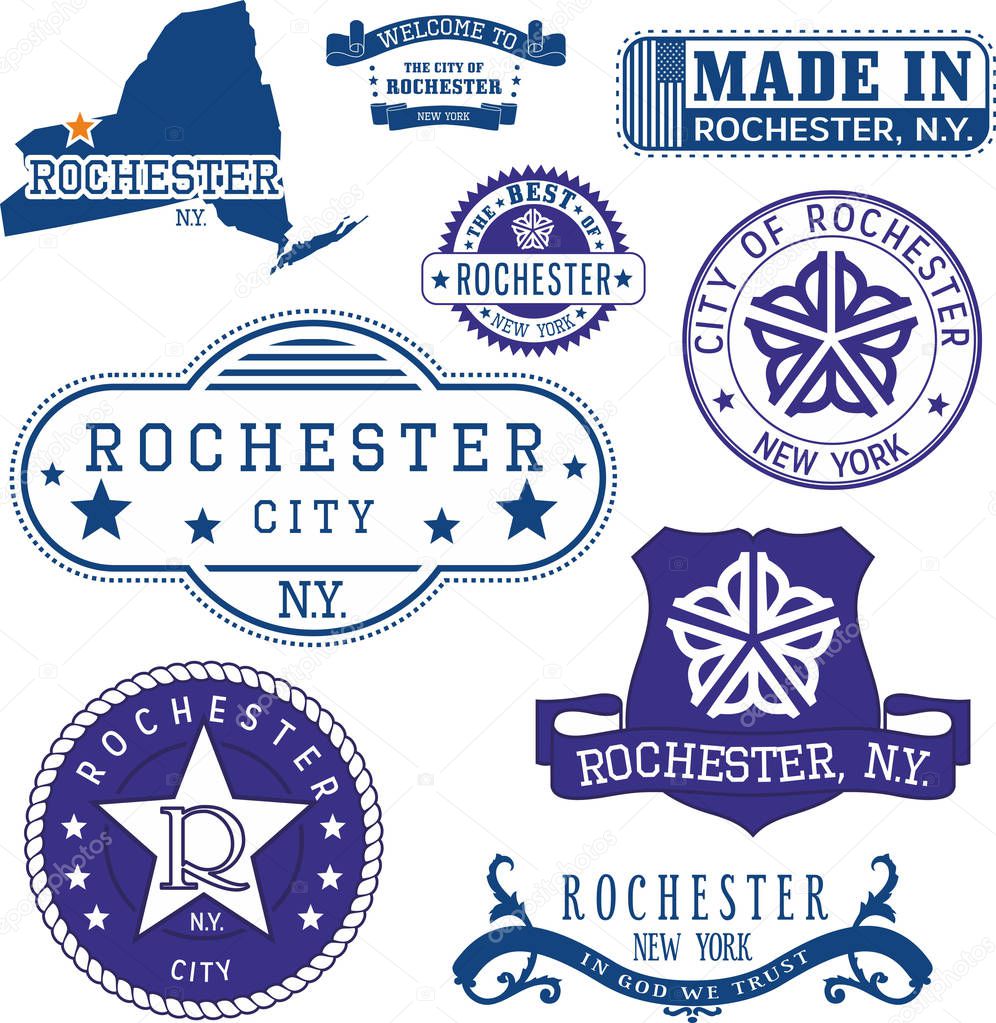 Set of generic stamps and signs of Rochester city, New York state