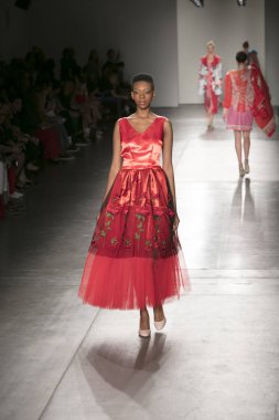 Bir modeli pist Nyfw bahar yaz 2018 sırasında Konseyi, kalkınan Amerikan moda tasarımcıları Frances Jerard Pier 59 Studios New York'ta 10 Eylül 2017 üzerinde featuring Caafd için yürüyor