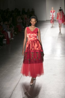 Bir modeli pist Nyfw bahar yaz 2018 sırasında Konseyi, kalkınan Amerikan moda tasarımcıları Frances Jerard Pier 59 Studios New York'ta 10 Eylül 2017 üzerinde featuring Caafd için yürüyor