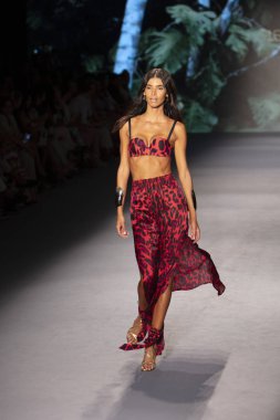 Paraiso Swim Haftası 2019'da Paraiso Swim Haftası 2019'da Aguaclara Mayo Yaz koleksiyonu için podyumda yürüyen bir model 12 Temmuz 2019'da Paraiso Pist Çadırı'nda Miami Beach'te