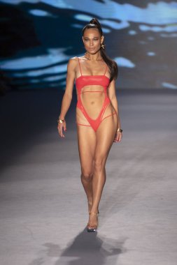 A model walks the runway for Monica Hansen Swimwear Summer collection 2020 fashion show during Paraiso Swim Week 2019 at Miami Beach in the Paraiso Runway Tent on July 13th, 2019