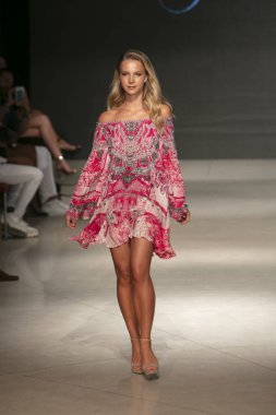 A model walks the runway during the Czarina Fashion Show Summer 2019 collection during Art, Hearts and Fashion Swim 2018 at the Faena Forum in Miami Beach on July 15th, 2018