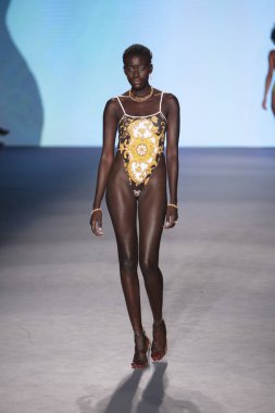 A model walks the runway for Monica Hansen Swimwear Summer collection 2020 fashion show during Paraiso Swim Week 2019 at Miami Beach in the Paraiso Runway Tent on July 13th, 2019