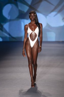 A model walks the runway for Monica Hansen Swimwear Summer collection 2020 fashion show during Paraiso Swim Week 2019 at Miami Beach in the Paraiso Runway Tent on July 13th, 2019