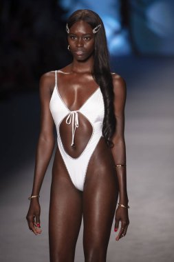 A model walks the runway for Monica Hansen Swimwear Summer collection 2020 fashion show during Paraiso Swim Week 2019 at Miami Beach in the Paraiso Runway Tent on July 13th, 2019