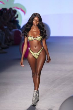 Paraiso Yüzme Haftası 2019 'da 14 Temmuz 2019' da Paraiso Pist Çadırı 'ndaki Miami Sahili' nde Chloe Rose Yaz koleksiyonu için podyumda bir manken yürüyor.