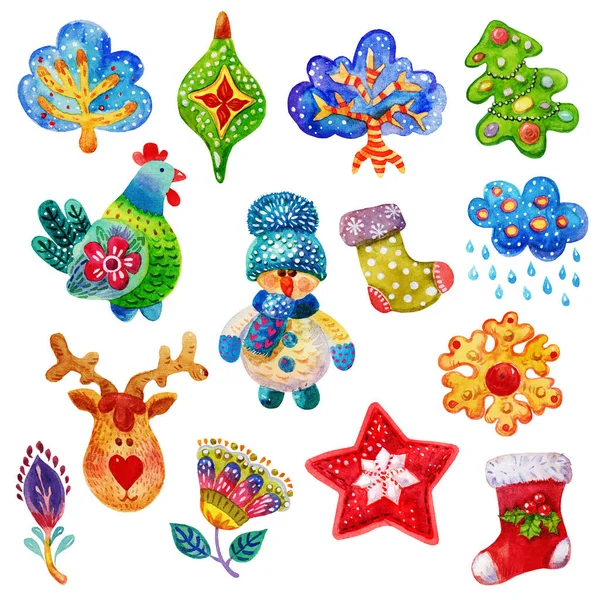 Kerst en Nieuwjaars vakantie iconen en kleurrijke aquarel illustratie instellen. Kerst aquarel pictogrammen, elementen collecties en illustratie. — Stockfoto