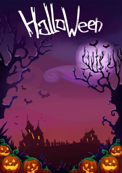 Happy Halloween background. Cute Halloween Characters design. Halloween pumpkins and dark castle on violet Moon illustration and flyers