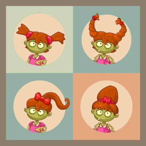 Vector set of portraits Little zombie girl . Vector illustration. Cute Happy Halloween Characters design. — Stock Vector