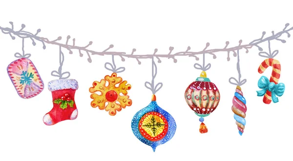 Sulu Boya Dikişsiz Noel simgeler Noel ağacı oyuncaklar, bir koleksiyon ve çizim öğeleri. — Stok fotoğraf