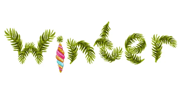 クリスマスの木の枝のタイトル。水彩冬タイトル イラストは、白い背景で隔離。グリーティング カード、背景、休日の装飾に最適. — ストック写真