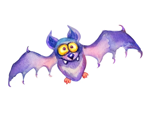 귀여운 다채로운 수채화 박쥐 그림 문자 그림 격리 백색 배경에. 애 들 만화에 대 한 재미 있는 수채화 다채로운 박쥐. — 스톡 사진