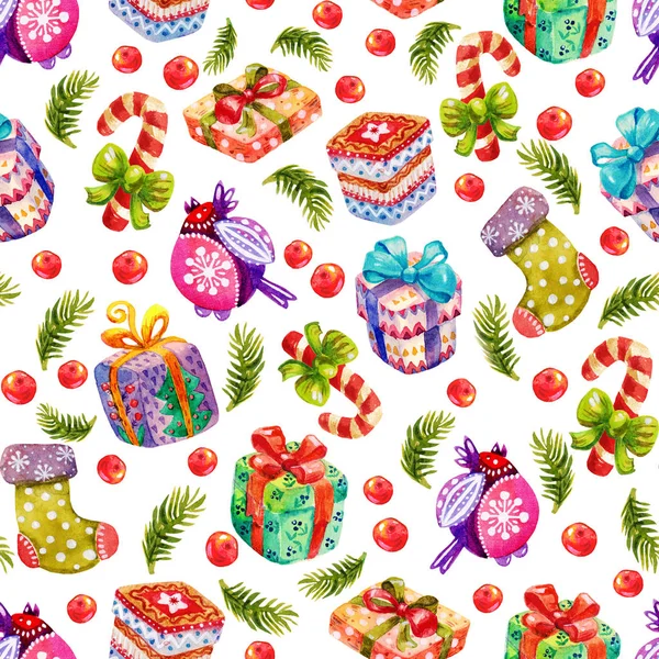 Christmas seamless watercolor gifts icons pattern .  Happy new year classic elements gifts icons. Winter holidays watercolor colorful background. — Stock Photo, Image