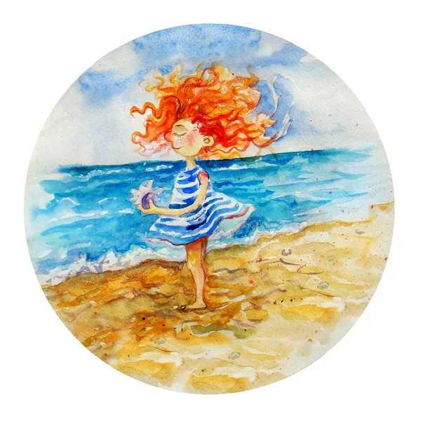 Watercolor illustration the little girl standing on the beach holding shell .Childrens cartoon girl , sea and shell portrait — Stock Photo, Image